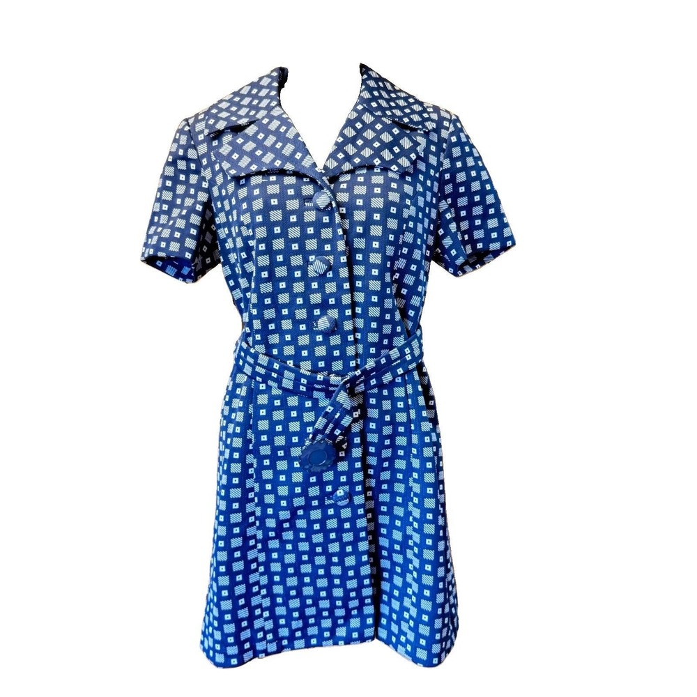 Vintage 70s Mod Shirt Dress Small Navy White Geometric Belted A Line Mini Tunic